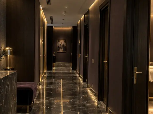 Koyu mermer zeminli, gizli ışıklı koridor — İstinye, Masaj Salonun